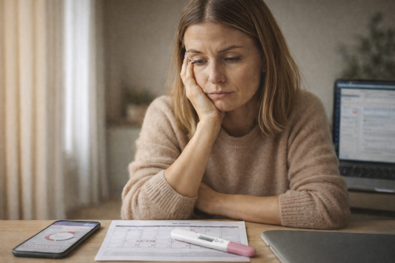 Frau schaut besorgt auf Zykluskalender und Schwangerschaftstest – Stress kann den Menstruationszyklus beeinflussen