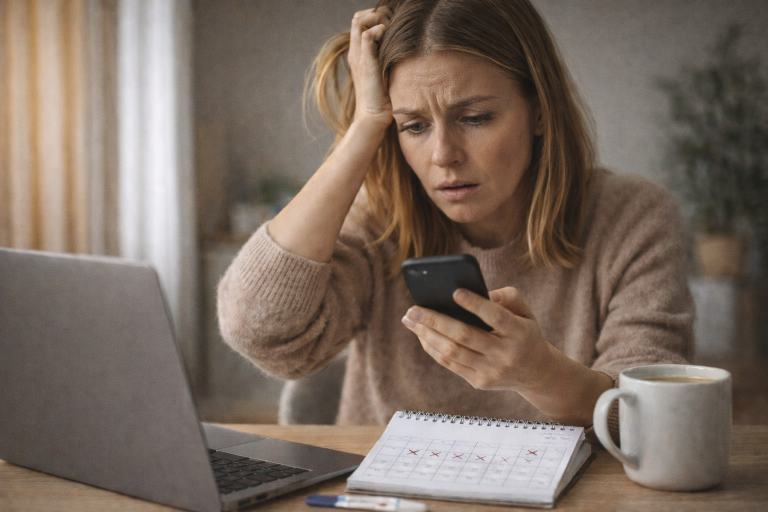 Frau schaut besorgt auf Zyklus-App auf ihrem Smartphone, Schwangerschaftstest und Kalender liegen auf dem Tisch.